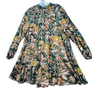 H&M Tropical Floral Shift Dress Womens 6 Green Mini Mock Neck Long Sleeve